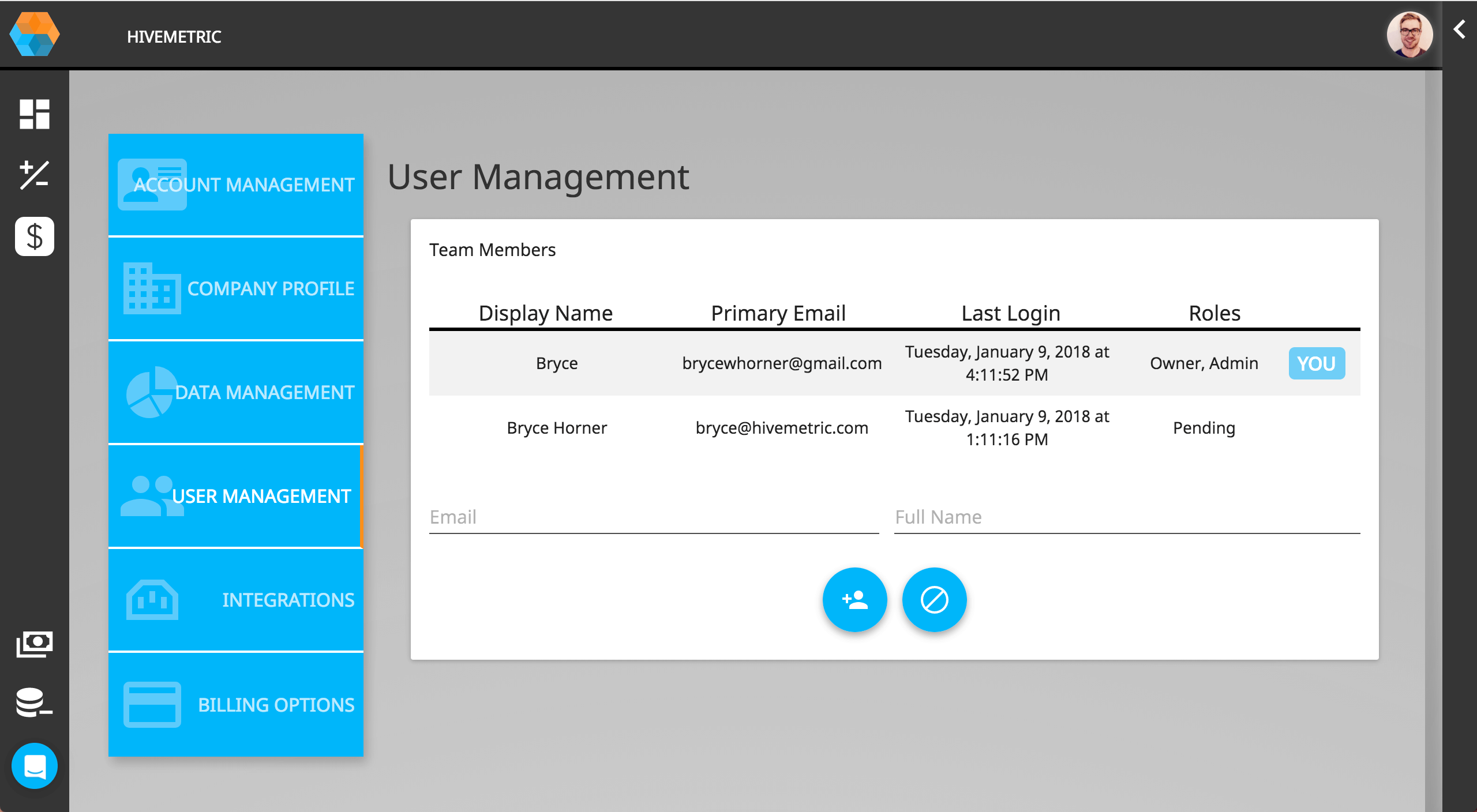 hivemetric user management settings